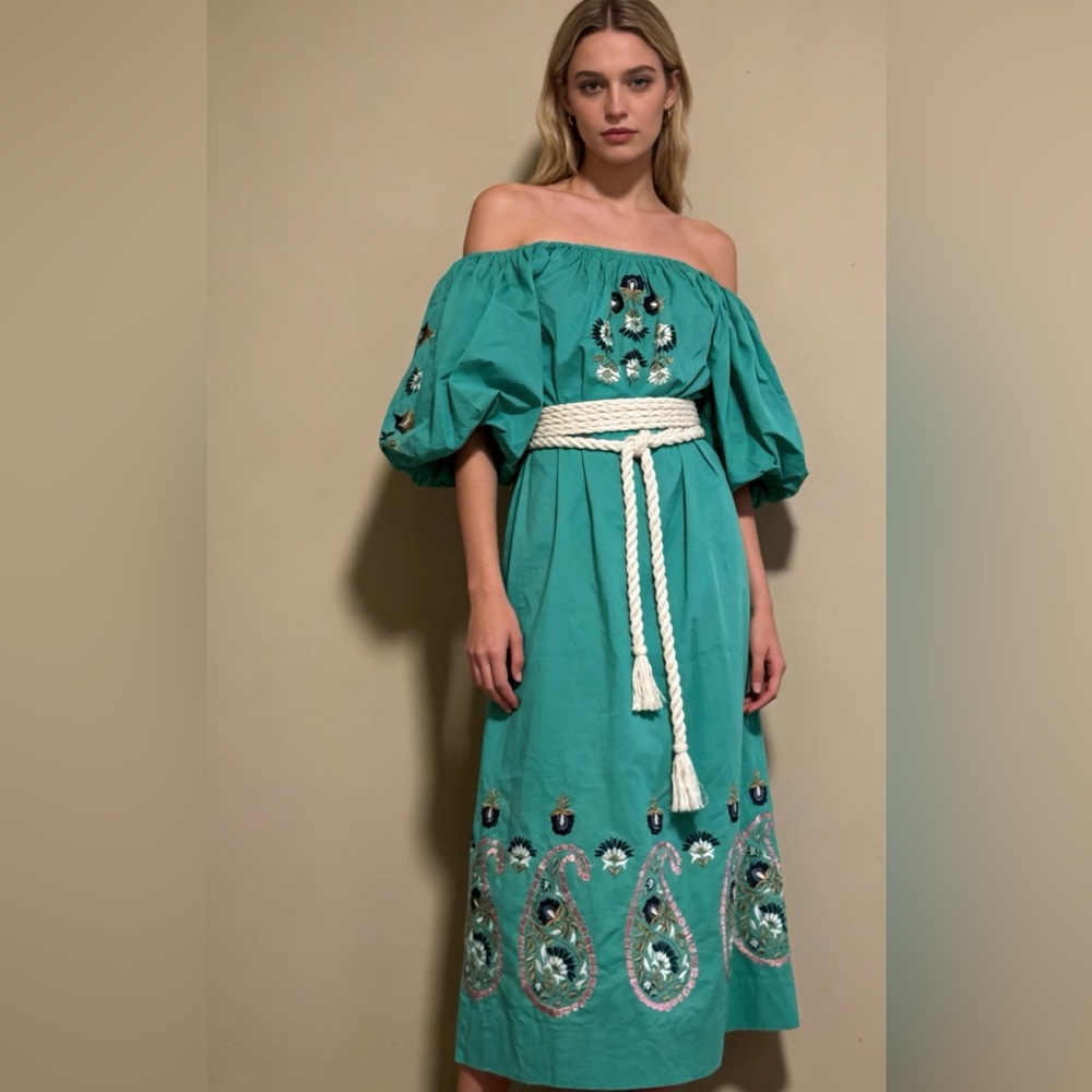 NWT Figue Off-Shoulder Teal Embroidered Mini Dress withOut Belt